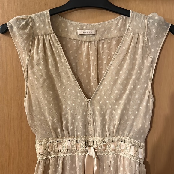 Sandro Women’s Polka Dot Silk Delicate Lightweight Dress Tan Size Small - Picture 2 of 11